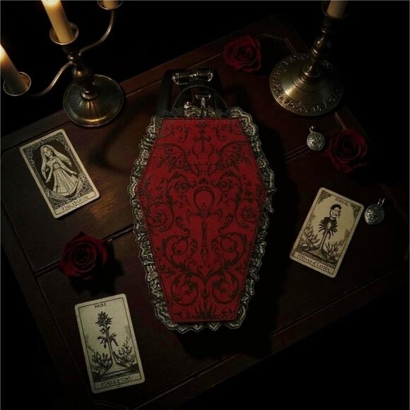 Widow ✦ Vegan Leather Coffin Backpack ✦ Gothic Brocade Lace Trim OS NWT - Picture 5 of 12